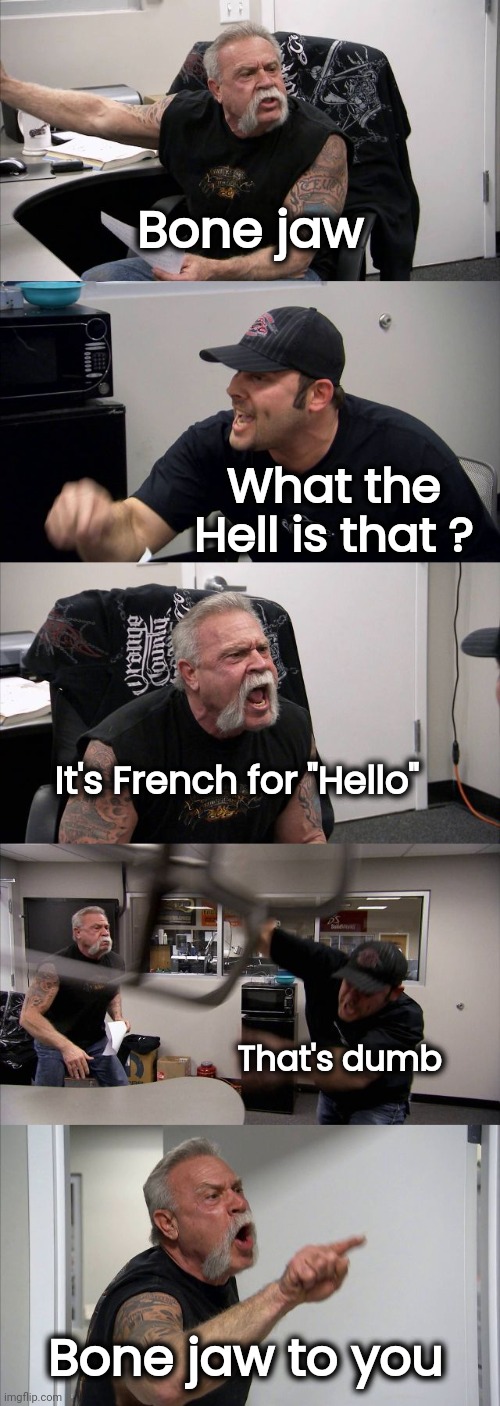 Smart as a French Fry |  Bone jaw; What the Hell is that ? It's French for "Hello"; That's dumb; Bone jaw to you | image tagged in memes,american chopper argument,class,well yes but actually no,ooo you almost had it,you can't fix stupid | made w/ Imgflip meme maker