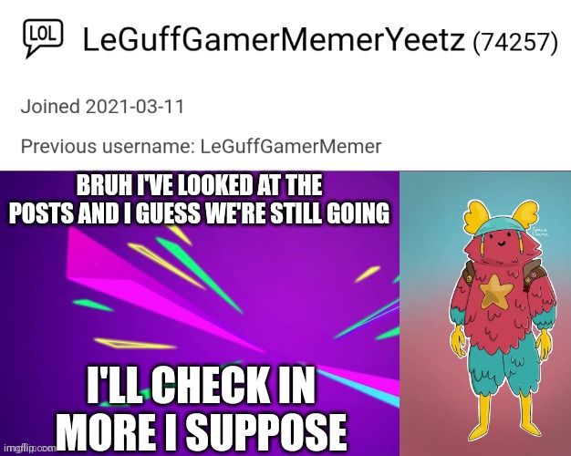 LeGuffGamerMemerYeetz announcement template | BRUH I'VE LOOKED AT THE POSTS AND I GUESS WE'RE STILL GOING; I'LL CHECK IN MORE I SUPPOSE | image tagged in leguffgamermemeryeetz announcement template | made w/ Imgflip meme maker