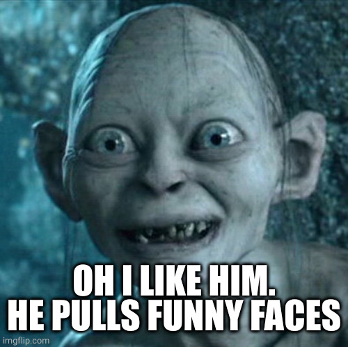 Gollum Meme | OH I LIKE HIM.
HE PULLS FUNNY FACES | image tagged in memes,gollum | made w/ Imgflip meme maker