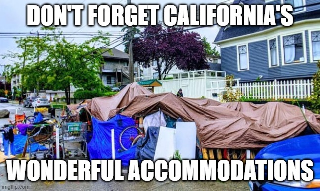 Homeless camp in Seattle | DON'T FORGET CALIFORNIA'S WONDERFUL ACCOMMODATIONS | image tagged in homeless camp in seattle | made w/ Imgflip meme maker