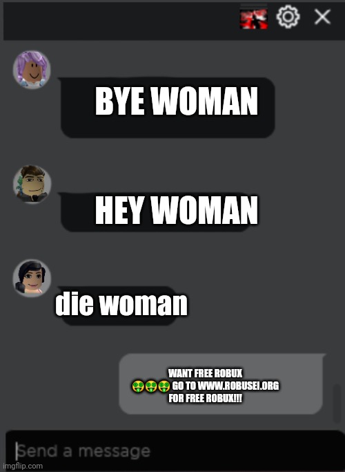 Roblox Chat | BYE WOMAN; HEY WOMAN; die woman; WANT FREE ROBUX 🤑🤑🤑 GO TO WWW.ROBUSEI.ORG FOR FREE ROBUX!!! | image tagged in roblox chat,scammer | made w/ Imgflip meme maker