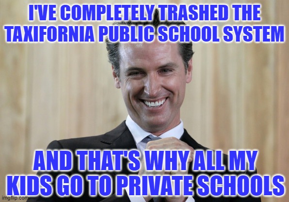 Scheming Gavin Newsom  | I'VE COMPLETELY TRASHED THE TAXIFORNIA PUBLIC SCHOOL SYSTEM AND THAT'S WHY ALL MY KIDS GO TO PRIVATE SCHOOLS | image tagged in scheming gavin newsom | made w/ Imgflip meme maker