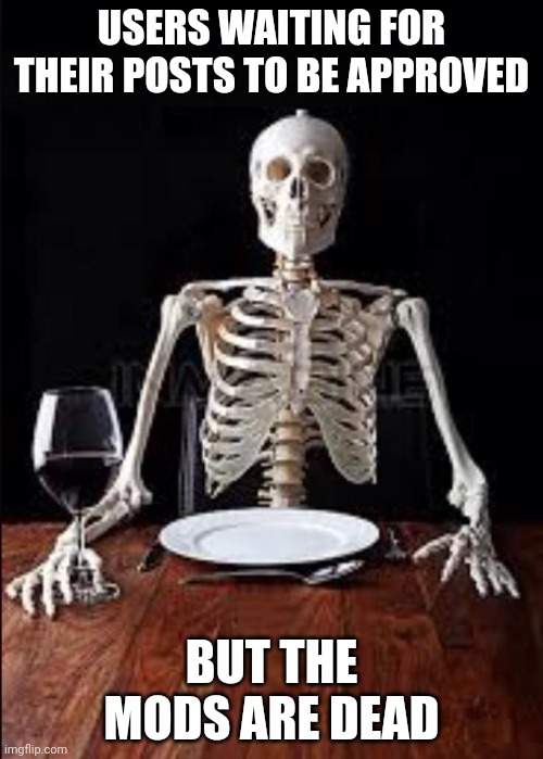 Impatient skeleton  | USERS WAITING FOR THEIR POSTS TO BE APPROVED; BUT THE MODS ARE DEAD | image tagged in impatient skeleton | made w/ Imgflip meme maker