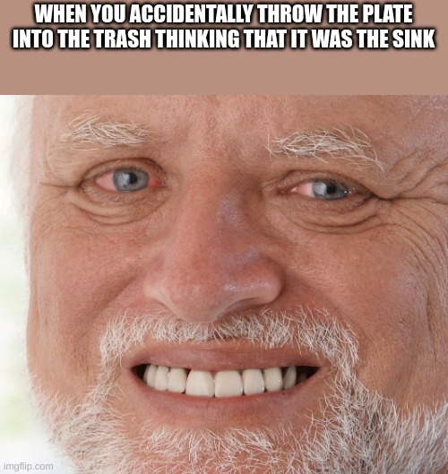 Hide the Pain Harold | WHEN YOU ACCIDENTALLY THROW THE PLATE INTO THE TRASH THINKING THAT IT WAS THE SINK | image tagged in hide the pain harold | made w/ Imgflip meme maker