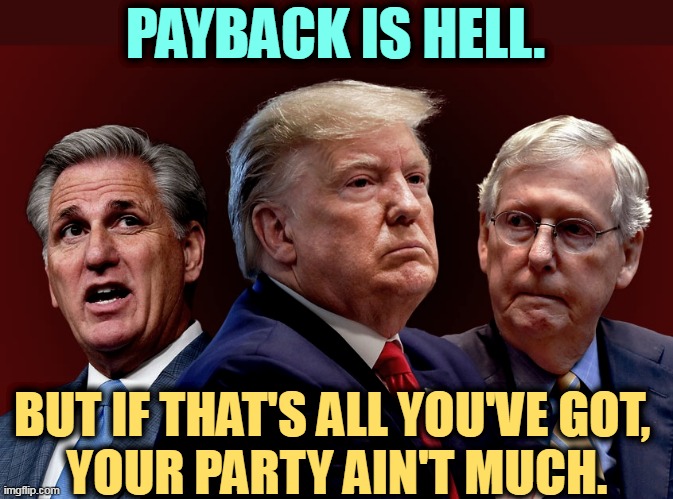 The GOP, the Party of Mindless Revenge | PAYBACK IS HELL. BUT IF THAT'S ALL YOU'VE GOT, 
YOUR PARTY AIN'T MUCH. | image tagged in mccarthy trump mcconnell evil bad for america,stupid,endless,revenge,republican,empty | made w/ Imgflip meme maker