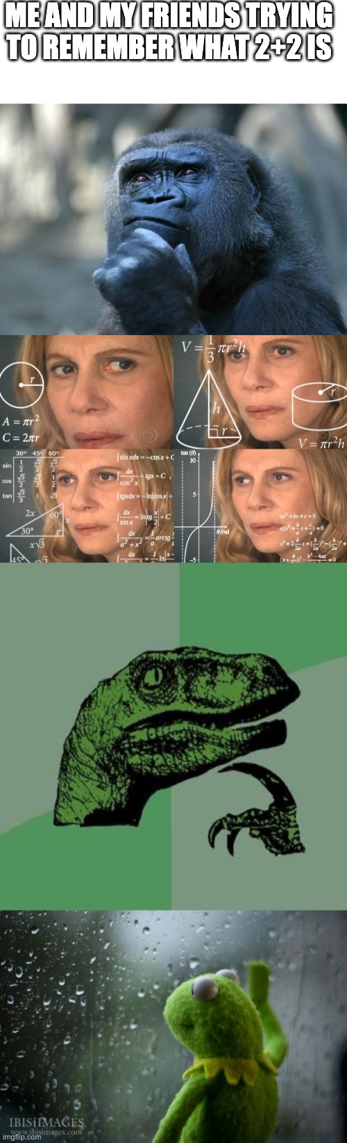 ME AND MY FRIENDS TRYING TO REMEMBER WHAT 2+2 IS | image tagged in kermit window | made w/ Imgflip meme maker