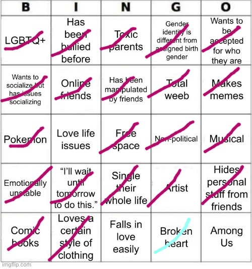 Oh dang(anronpa).... [Jazzberry jam means yes. Ice blue means kinda] Although the only parent is toxic would be my dad. | image tagged in jer-sama's bingo | made w/ Imgflip meme maker