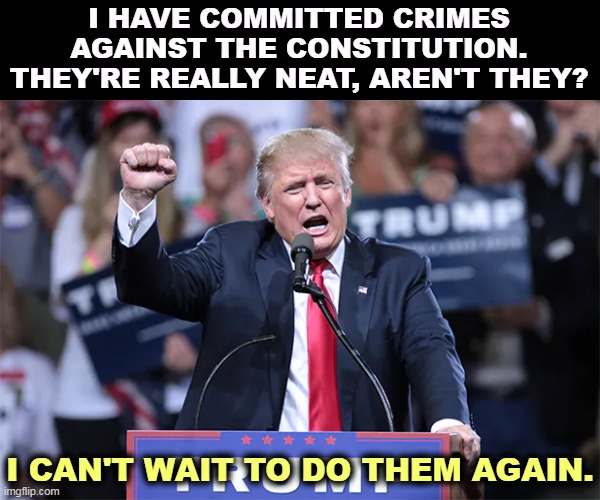 I HAVE COMMITTED CRIMES AGAINST THE CONSTITUTION.
THEY'RE REALLY NEAT, AREN'T THEY? I CAN'T WAIT TO DO THEM AGAIN. | image tagged in trump,criminal,treason,sedition,insurrection,conspiracy | made w/ Imgflip meme maker