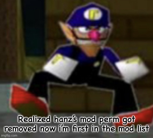 :happiness: | Realized hanz’s mod perm got removed now i’m first in the mod list | image tagged in wah male | made w/ Imgflip meme maker
