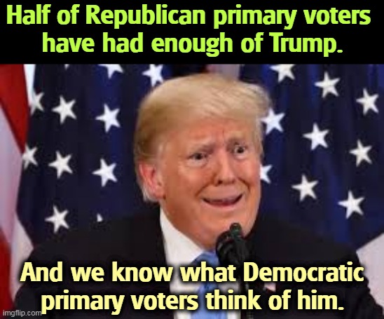 If Trump runs, he'll lose the popular vote A THIRD TIME! | Half of Republican primary voters 
have had enough of Trump. And we know what Democratic primary voters think of him. | image tagged in trump fear tears dilated,trump,loser,everybody,hate | made w/ Imgflip meme maker