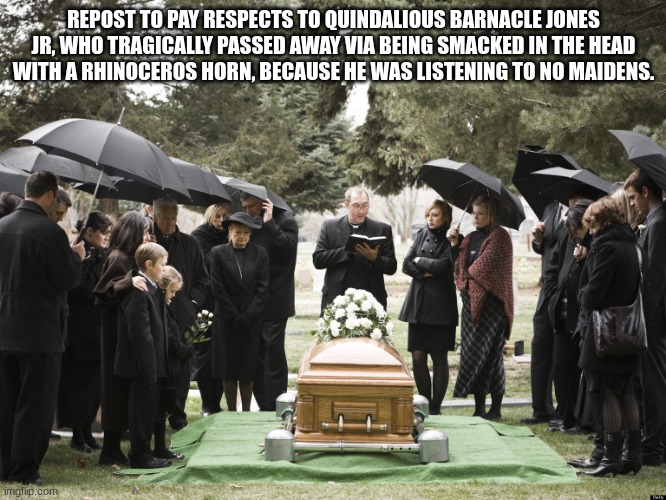Funeral | REPOST TO PAY RESPECTS TO QUINDALIOUS BARNACLE JONES JR, WHO TRAGICALLY PASSED AWAY VIA BEING SMACKED IN THE HEAD WITH A RHINOCEROS HORN, BECAUSE HE WAS LISTENING TO NO MAIDENS. | image tagged in funeral | made w/ Imgflip meme maker