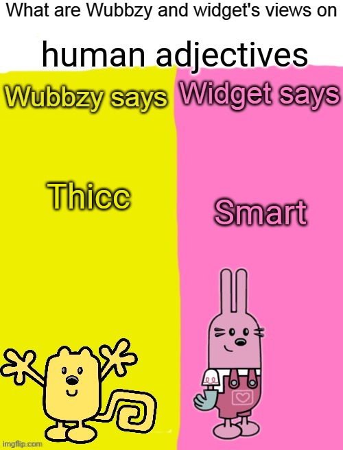 human adjectives; Thicc; Smart | image tagged in wubbzy and widget views | made w/ Imgflip meme maker