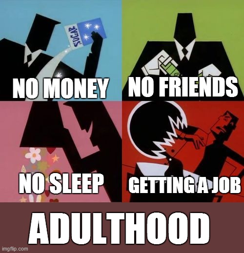 it kinda sucks | NO MONEY; NO FRIENDS; NO SLEEP; GETTING A JOB; ADULTHOOD | image tagged in powerpuff girls creation | made w/ Imgflip meme maker
