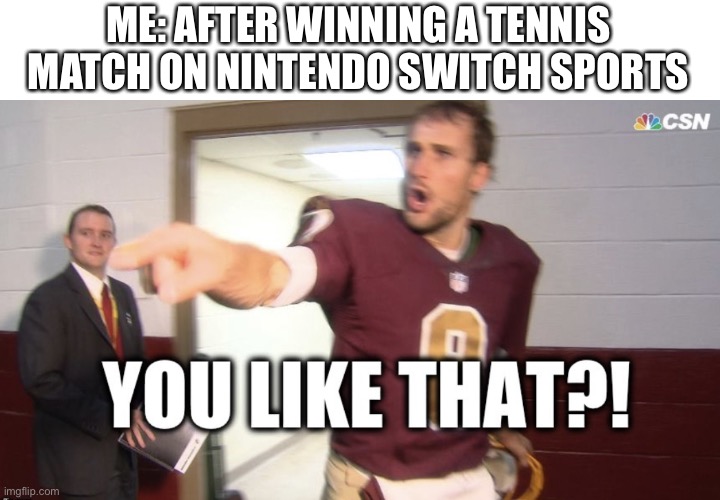 You Like That?! | ME: AFTER WINNING A TENNIS MATCH ON NINTENDO SWITCH SPORTS | image tagged in you like that,kirk cousins,nintendo switch sports,tennis,video games | made w/ Imgflip meme maker