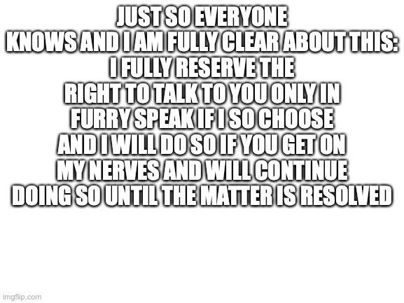 upfront warning | JUST SO EVERYONE KNOWS AND I AM FULLY CLEAR ABOUT THIS:
I FULLY RESERVE THE RIGHT TO TALK TO YOU ONLY IN FURRY SPEAK IF I SO CHOOSE AND I WILL DO SO IF YOU GET ON MY NERVES AND WILL CONTINUE DOING SO UNTIL THE MATTER IS RESOLVED | image tagged in blank white template | made w/ Imgflip meme maker