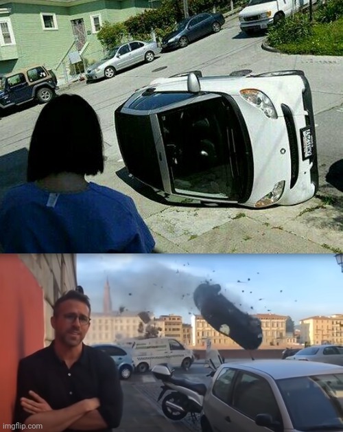 image tagged in smart car flipped,ryan reynolds 6 underground car flip | made w/ Imgflip meme maker