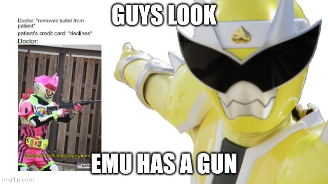Start running Haruka | GUYS LOOK; EMU HAS A GUN | image tagged in donbrothers oni sister pointing | made w/ Imgflip meme maker