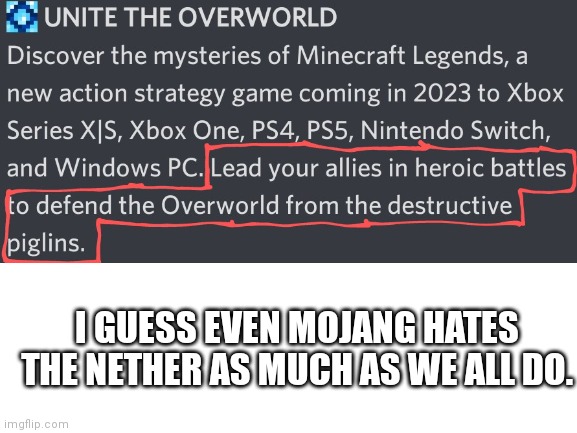 anyone excited for Minecraft Legends? | I GUESS EVEN MOJANG HATES THE NETHER AS MUCH AS WE ALL DO. | image tagged in minecraft | made w/ Imgflip meme maker