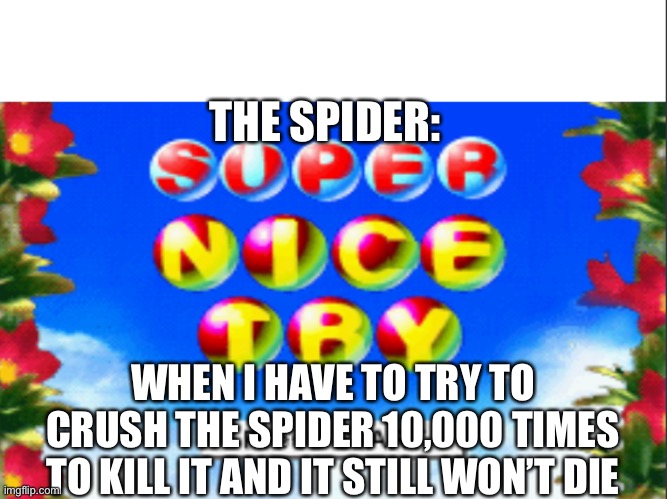 Super nice try | THE SPIDER:; WHEN I HAVE TO TRY TO CRUSH THE SPIDER 10,000 TIMES TO KILL IT AND IT STILL WON’T DIE | image tagged in super nice try | made w/ Imgflip meme maker