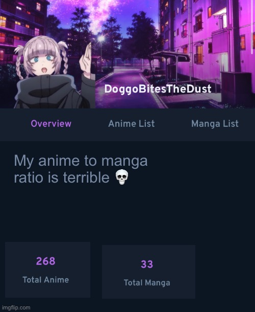 doggos animix temp | My anime to manga ratio is terrible 💀 | image tagged in doggos animix temp | made w/ Imgflip meme maker