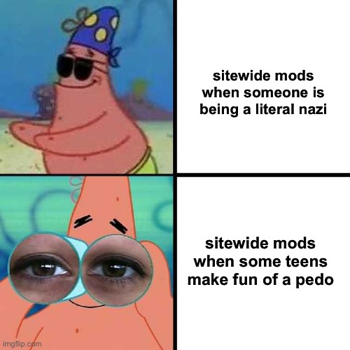 Patrick Star Blind | sitewide mods when someone is being a literal nazi; sitewide mods when some teens make fun of a pedo | image tagged in patrick star blind | made w/ Imgflip meme maker