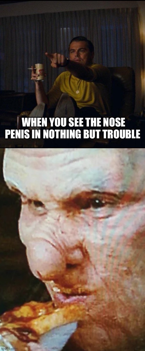 Nothing but Trouble is the best movie | WHEN YOU SEE THE NOSE PENIS IN NOTHING BUT TROUBLE | image tagged in leonardo dicaprio pointing | made w/ Imgflip meme maker