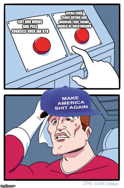 Liberal hypocrisy. Liberalism is a mental illness. | SPEND FOUR YEARS CRYING AND WHINING THAT TRUMP SHOULD BE OVERTHROWN; CRY AND WHINE AND PISS YOURSELF OVER JAN 6TH | image tagged in two button maga hat | made w/ Imgflip meme maker