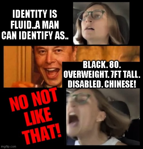 Elon Musk No Not Like That | IDENTITY IS FLUID..A MAN CAN IDENTIFY AS.. BLACK. 80. OVERWEIGHT. 7FT TALL. DISABLED. CHINESE! | image tagged in elon musk no not like that | made w/ Imgflip meme maker