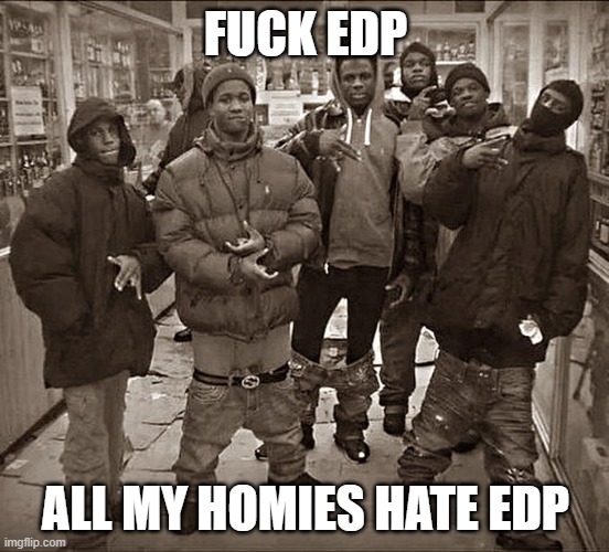 All My Homies Hate | FUCK EDP; ALL MY HOMIES HATE EDP | image tagged in all my homies hate | made w/ Imgflip meme maker