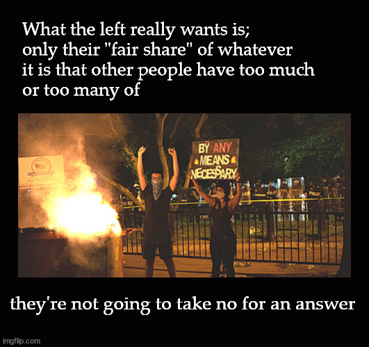leftists are not going to take no for an answer | What the left really wants is; 
only their "fair share" of whatever
it is that other people have too much 
or too many of; they're not going to take no for an answer | image tagged in socialism,democrats | made w/ Imgflip meme maker