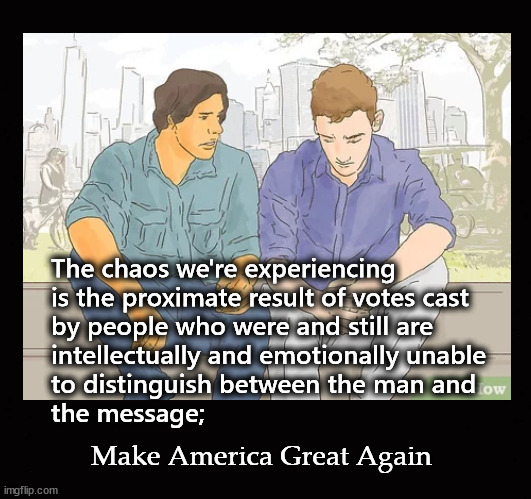 Make America Great Again | The chaos we're experiencing
is the proximate result of votes cast
by people who were and still are 
intellectually and emotionally unable
to distinguish between the man and 
the message;; Make America Great Again | image tagged in maga | made w/ Imgflip meme maker
