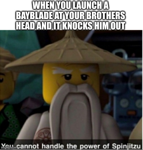 Spinjitzu | WHEN YOU LAUNCH A BAYBLADE AT YOUR BROTHERS HEAD AND IT KNOCKS HIM OUT | image tagged in you cannot handle the power of spinjitzu | made w/ Imgflip meme maker