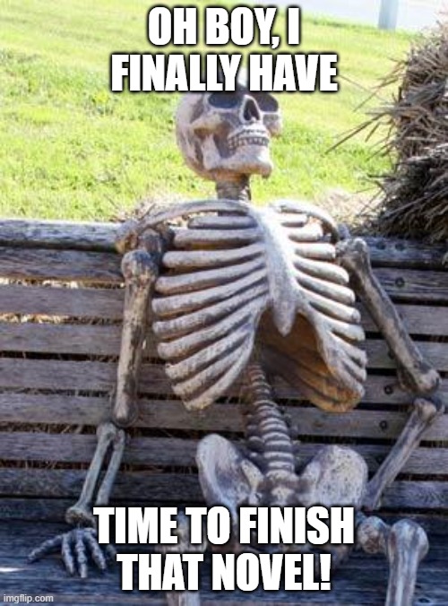 Waiting Skeleton | OH BOY, I FINALLY HAVE; TIME TO FINISH THAT NOVEL! | image tagged in memes,waiting skeleton | made w/ Imgflip meme maker