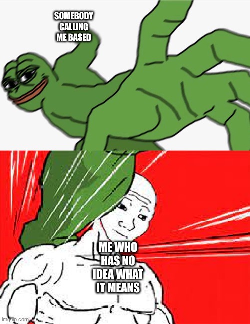 Pepe punch vs. Dodging Wojak | SOMEBODY CALLING ME BASED; ME WHO HAS NO IDEA WHAT IT MEANS | image tagged in pepe punch vs dodging wojak | made w/ Imgflip meme maker
