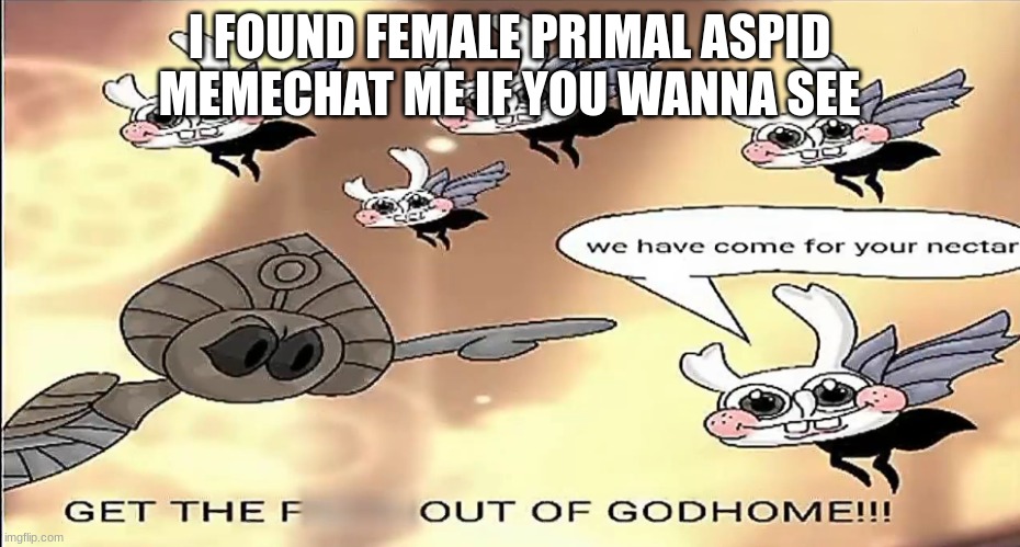 GET OUT OF MY godhome | I FOUND FEMALE PRIMAL ASPID
MEMECHAT ME IF YOU WANNA SEE | image tagged in get out of my godhome | made w/ Imgflip meme maker