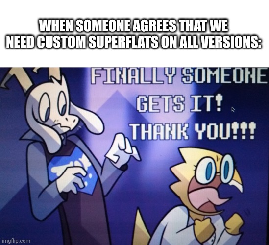 WHEN SOMEONE AGREES THAT WE NEED CUSTOM SUPERFLATS ON ALL VERSIONS: | image tagged in blank white template,finally someone gets it | made w/ Imgflip meme maker