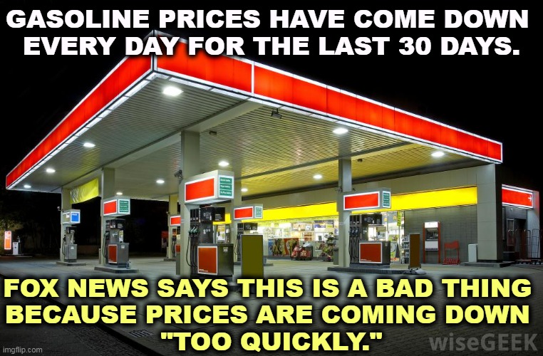 Fox News says you'll be hurt if prices fall too quickly. Does this worry you? | GASOLINE PRICES HAVE COME DOWN 
EVERY DAY FOR THE LAST 30 DAYS. FOX NEWS SAYS THIS IS A BAD THING 
BECAUSE PRICES ARE COMING DOWN 
"TOO QUICKLY." | image tagged in gas station,big oil,profit,inflation,fox news | made w/ Imgflip meme maker