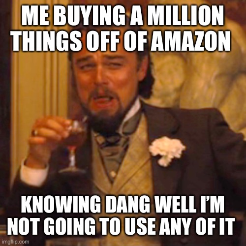 ^good tittle goes here^ | ME BUYING A MILLION THINGS OFF OF AMAZON; KNOWING DANG WELL I’M NOT GOING TO USE ANY OF IT | image tagged in memes,laughing leo | made w/ Imgflip meme maker