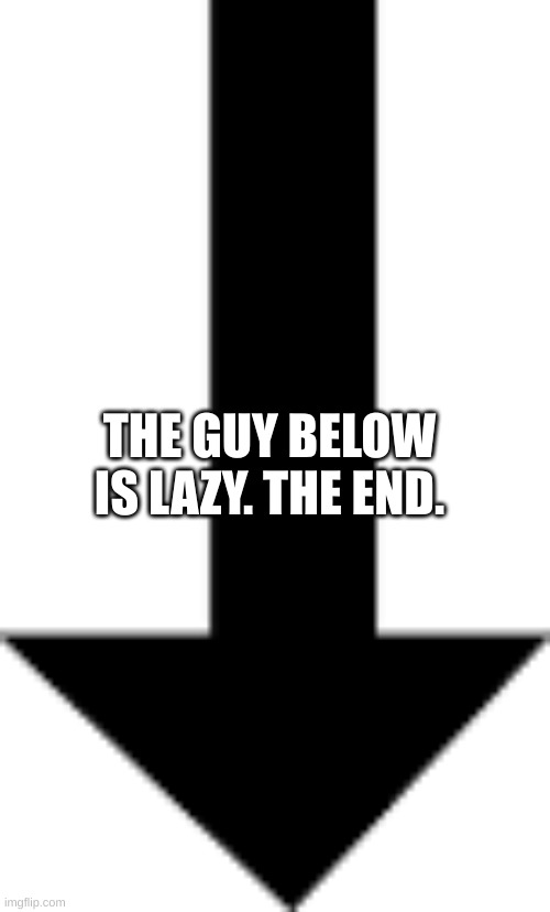 Lazy | THE GUY BELOW IS LAZY. THE END. | image tagged in arrow pointing down | made w/ Imgflip meme maker