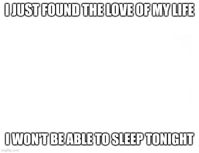 I just found the love of my life | I JUST FOUND THE LOVE OF MY LIFE; I WON'T BE ABLE TO SLEEP TONIGHT | image tagged in blank white template | made w/ Imgflip meme maker