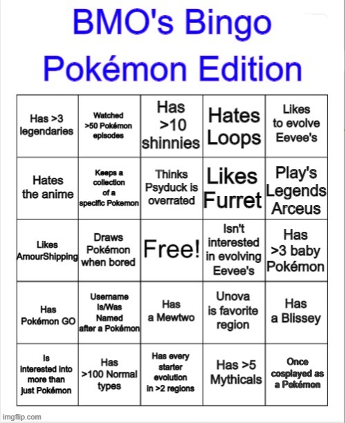 BMO's Pokémon Bingo Blank Meme Template