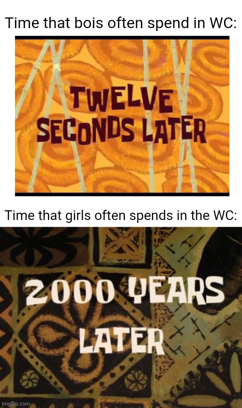 Time that bois often spend in WC:; Time that girls often spends in the WC: | image tagged in blank white template,2000 years later spongebob,boys vs girls,me and the boys | made w/ Imgflip meme maker