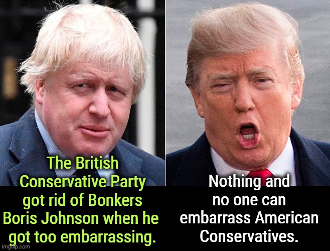 That's not something to be proud of. | The British Conservative Party got rid of Bonkers Boris Johnson when he 
got too embarrassing. Nothing and no one can embarrass American Conservatives. | image tagged in boris johnson,donald trump,bad hair,crazy,embarrassing,disasters | made w/ Imgflip meme maker