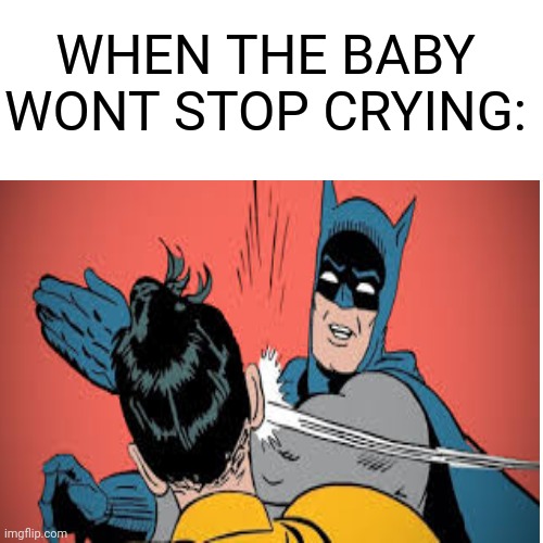 Wah wah | WHEN THE BABY WONT STOP CRYING: | image tagged in batman slapping robin | made w/ Imgflip meme maker