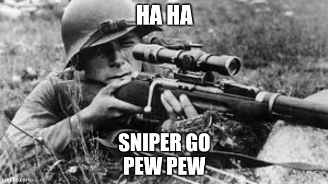 ww2 sniper | HA HA; SNIPER GO
PEW PEW | image tagged in ww2 sniper | made w/ Imgflip meme maker
