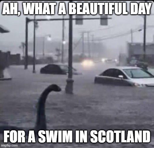 Floods are just more paths being created for us nessies |  AH, WHAT A BEAUTIFUL DAY; FOR A SWIM IN SCOTLAND | image tagged in flood loch ness,scotland,loch ness monster,flood | made w/ Imgflip meme maker