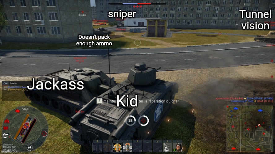 5 kinds of WT players | Tunnel vision; sniper; Doesn't pack enough ammo; Jackass; Kid | image tagged in war thunder encirclement | made w/ Imgflip meme maker