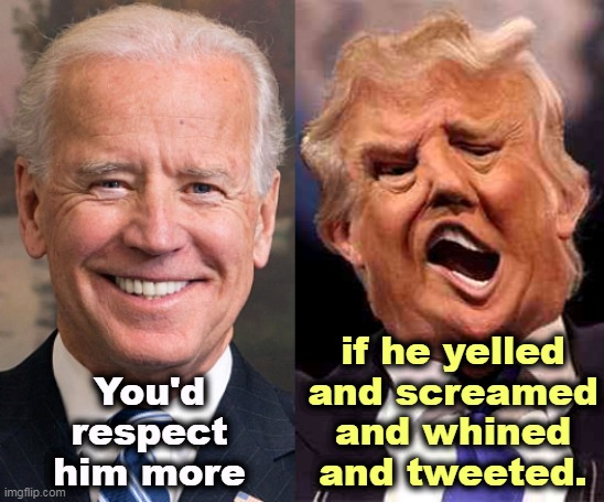 The penalties of growing up. | You'd respect him more; if he yelled and screamed and whined and tweeted. | image tagged in biden smile trump crazy acid,trump,yelling,screaming,whining,trump tweeting | made w/ Imgflip meme maker