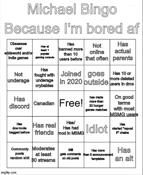 Blank Bingo | Because I'm bored af; Michael Bingo; Obsesses over eddsworld and/or indie games; Has banned more than 10 users before; Has at least 1 popular gaming console; Has actual parents; Not online that often; Joined in 2020; Not underage; Has 10 or more deleted users in dms; goes outside; Has fought with underage crybabies; has made more than 20 hunger games matches; Has discord; On good terms with most MSMG users; Canadian; Has/ Has had mod in MSMG; Has downvote begged before; Has real friends; Has started "repost if" chains; Idiot; Has more than 5 announcement templates; Moderates at least 30 streams; Has an alt; Commonly posts random shit; Still gets comments on old posts | image tagged in blank bingo | made w/ Imgflip meme maker