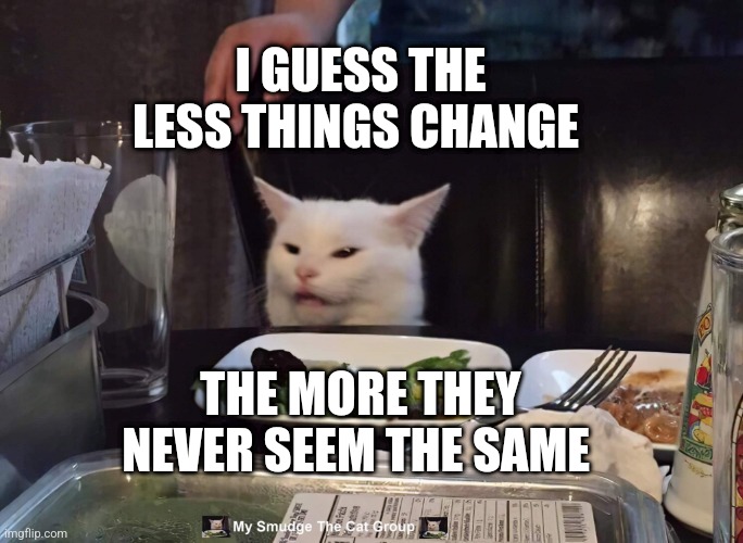 I GUESS THE LESS THINGS CHANGE; THE MORE THEY NEVER SEEM THE SAME | image tagged in smudge the cat | made w/ Imgflip meme maker